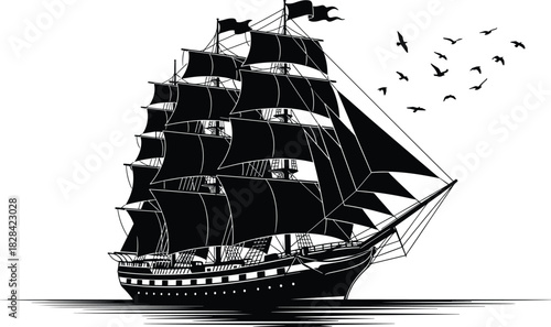 Black Square-Rigger, Clipper Ship, and Flying Seagulls on Ocean Water for Travel, 