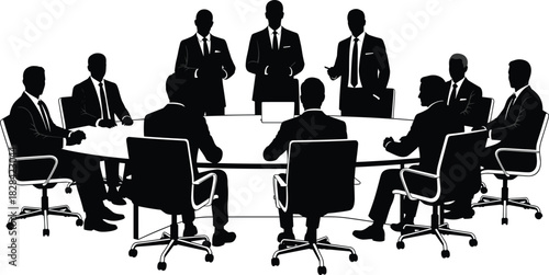 Board of directors meeting around a large oval table for corporate strategy, negotiation, and high-stakes discussion vector illustration silhouette.