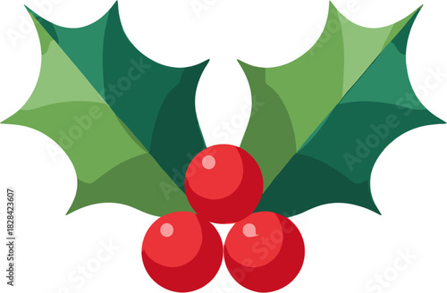Holly vector icon with green leaves and red berries on a white background, clip art style, simple and minimalist design, vector illustration