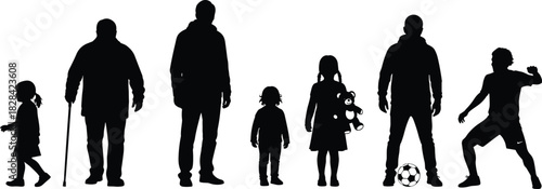 Children, Young Men, and Elderly Man with Cane Representing Different Ages, Activities, and Family Life Cycles