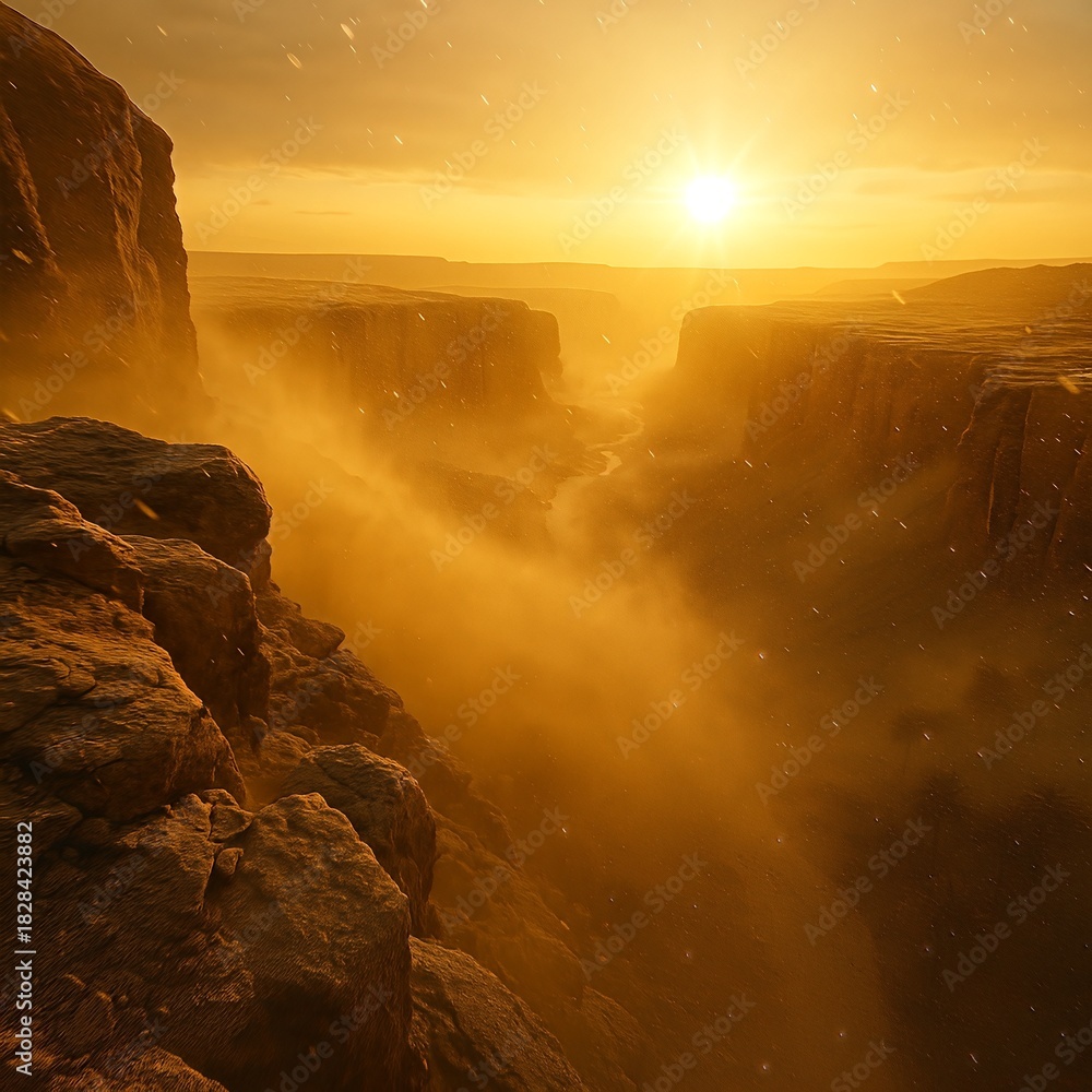 Fototapeta premium Golden waterfall thundering through canyon mist