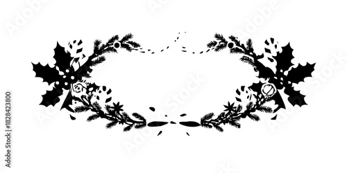 Black vector silhouette set with tree, grass, leaf, flower, and butterfly decoration elements in a vintage ornamental art pattern design