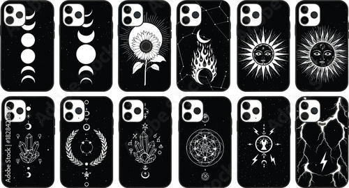 Collection of mystical phone case designs featuring celestial moons, suns, crystals, and astrological elements in a modern black and white occult style vector.