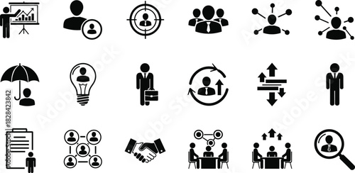 Comprehensive set of business, HR, and corporate management icons representing strategy, targeting, collaboration, risk, ideas, and recruitment vector symbols.