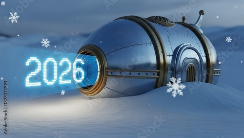 Retro-Futuristic Time Machine with 2026 Hologram