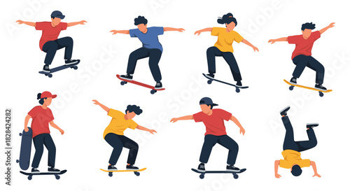 Diverse group of skateboarders performing tricks and poses on white background.