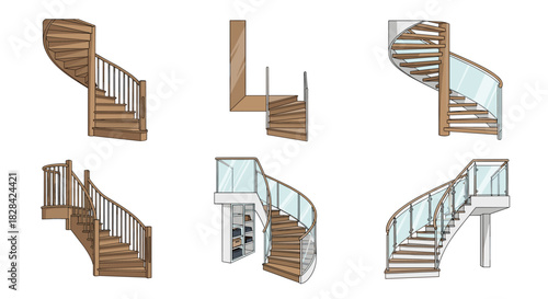 Set of six unique staircase designs including spiral and curved wooden stairs with glass railings.