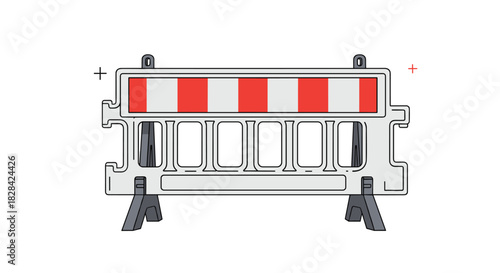A white and red striped construction barrier stands on a white background.