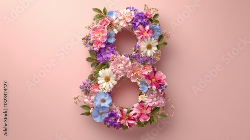 A flowery number 8 is displayed on a pink background. The flowers are arranged in a way that they resemble the number 8. Concept of beauty and creativity, as well as a connection to nature