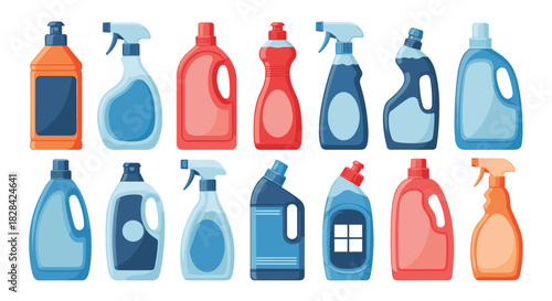 Collection of colorful cleaning product bottles with different shapes and designs.