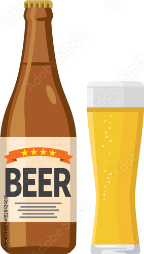 グラスに注がれたビールと瓶ビールのイメージイラスト