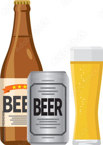 グラスに注がれたビールと瓶ビールと缶ビールのイメージイラスト