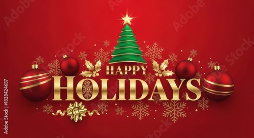 Happy Holidays Golden Christmas Tree and Ornaments