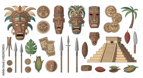Collection of Mayan artifacts including masks, pyramids, weapons, and cultural items.
