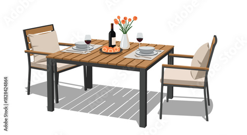 Outdoor dining set with two chairs and a table set for two with wine and fruit.