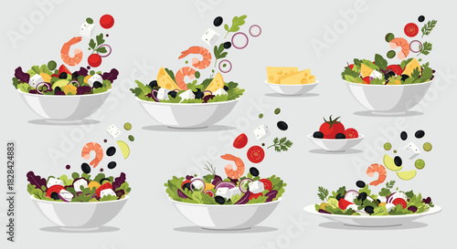Collection of diverse salads with shrimp, cheese, and vegetables in bowls.