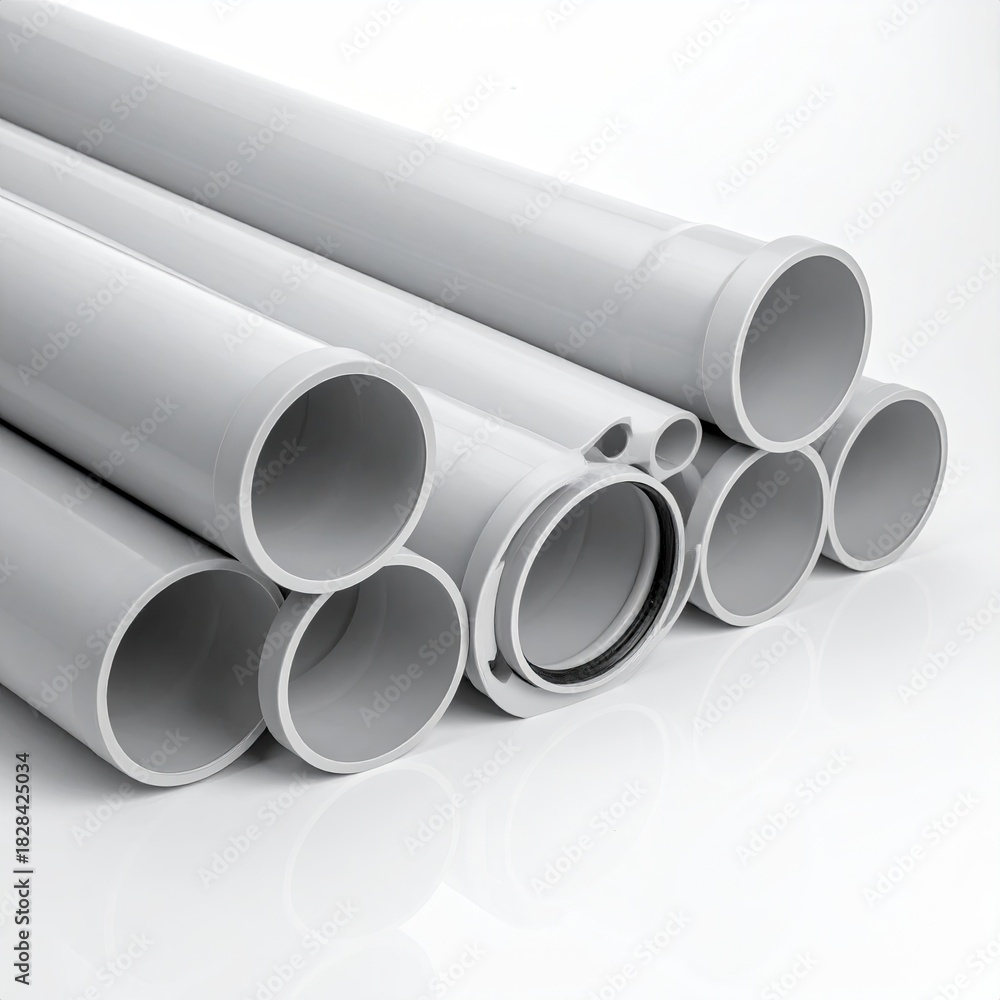Fototapeta premium Stacked gray plastic pipes of various sizes and shapes on a white background