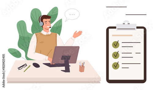 Man wearing headset interacts while working on desktop computer next to clipboard with checklist. Ideal for communication, customer service, productivity, task management, teamwork, remote work