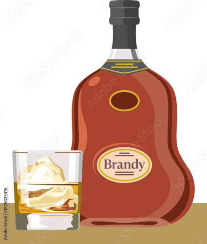 瓶に入ったブランデーボトルとグラスのイメージイラスト