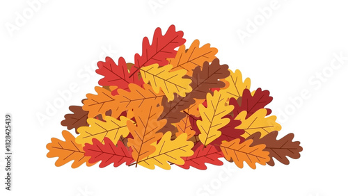 A vibrant pile of colorful autumn oak leaves in various shades of red, orange, yellow, and brown, raked together on a white background.