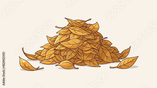 A detailed illustration of a pile of golden-brown autumn leaves, scattered around.