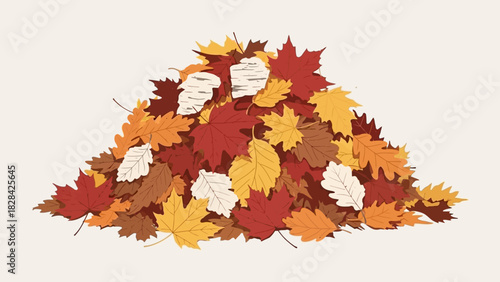 Illustration of a pile of colorful autumn leaves in shades of red, orange, yellow, and white on a light beige background.