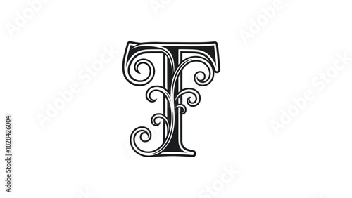Intricate black and white ornate letter "T" with decorative flourishes, isolated on white background.