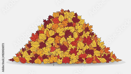 A large, colorful pile of autumn leaves in red, yellow, and orange hues on a plain background.
