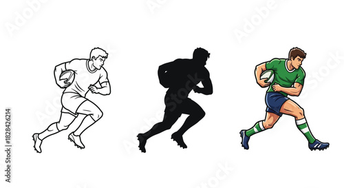 Rugby player running with ball, depicted in outline, silhouette and colored illustration styles
