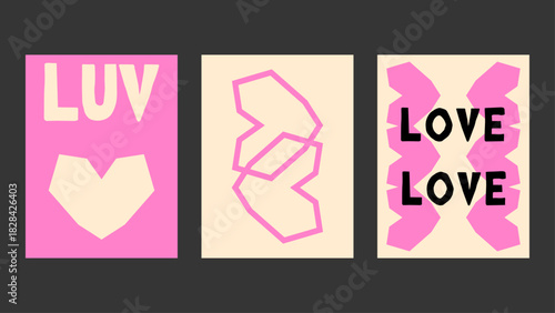 Raw textured Valentine art combining modern shapes and abstract love symbols. Perfect grunge poster for stylish home walls and unique romantic decoration.