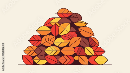 A minimalist flat vector illustration of a large pile of colorful autumn leaves on a light background.