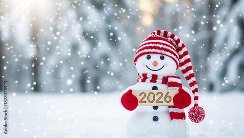 Cheerful Snowman with 2026 Sign in Snowy Forest