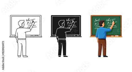 Teacher or student writing mathematical formulas a blackboard, presented in outline, silhouette and colored styles