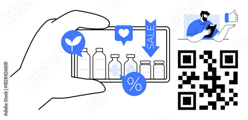 Products displayed on smartphone screen with sale, percentage and eco icons, user scanning QR code. Ideal for shopping, e-commerce, marketing, branding, sustainability, customer engagement simple