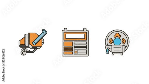 Flat design icons set cement mixer, calendar interface, and traditional beer barrel with tap