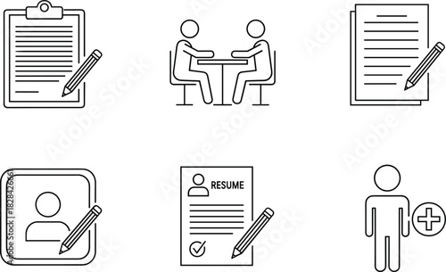 Professional recruitment and job application icon set featuring resume writing, interview process, employee profile editing, hiring selection, HR management tools