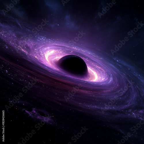 Brilliant purple accretion disk surrounds a massive black hole in deep space