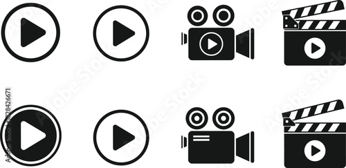 Set of play button, video camera and film clapperboard icons representing media playback, video production, filmmaking, streaming and digital multimedia content