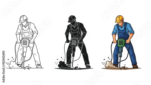 Worker using a jackhammer for demolition, illustrated in three styles line art, silhouette and color