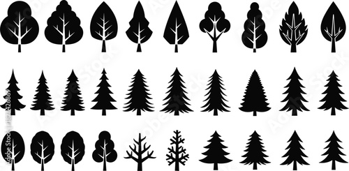 Collection of diverse tree silhouettes, including deciduous and evergreen designs, stylized foliage shapes, nature elements, and forest vector icons for illustration,