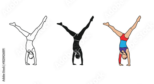 Illustrations of a female gymnast performing a handstand, shown in outline, silhouette and full color