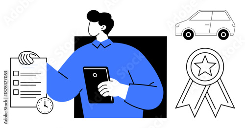 Individual reviewing checklist and holding tablet with stopwatch, vehicle, and award icon nearby. Ideal for time management, quality assurance, evaluation, automotive, recognition, productivity