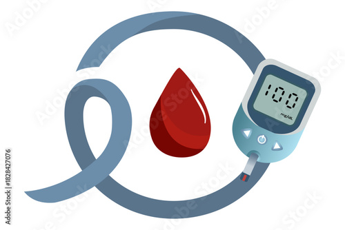 Illustration of Glucose Monitoring with Blood Drop and Diabetes Ribbon for Medical Education and World Diabetes Day Awareness