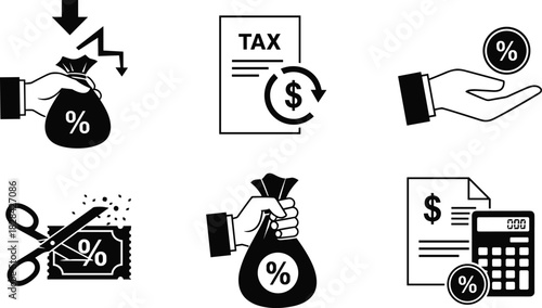 Financial tax and interest icon set showing money bag, percentage symbol, tax return form, discount coupon, savings calculation and business finance concepts