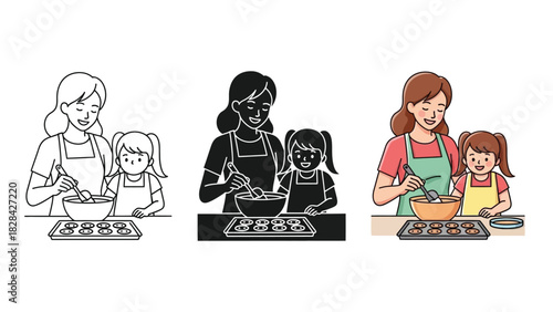 A loving mother and her young daughter enjoy a fun baking activity, preparing cookies or cakes in three distinct illustration styles