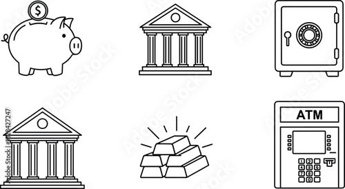 Banking and finance icon set featuring piggy bank, bank building, money safe, gold bars and ATM machine in clean line vector style