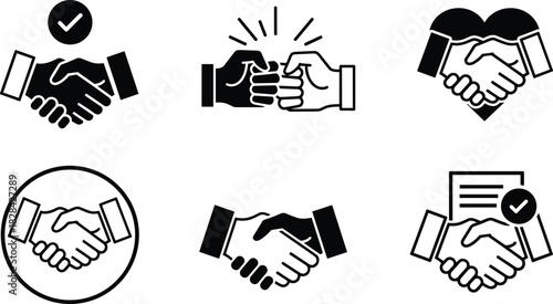 Handshake and agreement icons set showing partnership, teamwork, contract approval, collaboration symbols, business deal confirmation and unity gesture in vector illustration