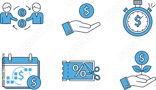Modern financial icon set featuring money transfer, payment hand, savings growth, discount coupon, payday calendar, and time value money concepts