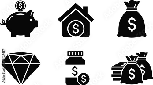 Bold financial icon set featuring money bags, piggy bank, savings jar, diamond wealth symbol, home investment, and stacked cash illustrations