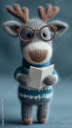 Cute knitted reindeer wearing round glasses diligently reads a small lined notebook